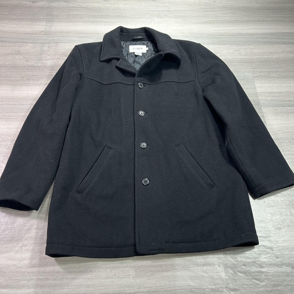 J.Crew Coat Mens Large Black Wool Thinsulate Quilted Lined Button Front‎